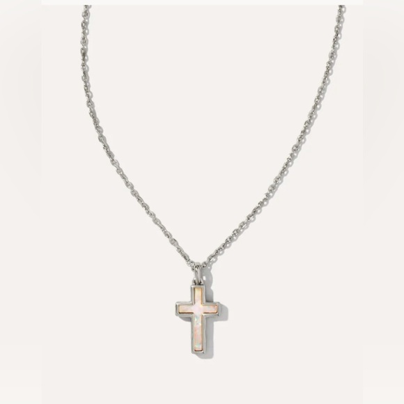 Kendra Scott Cross Silver Pendant Necklace in White Kyocera NWT - Picture 1 of 6
